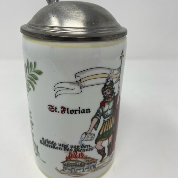 Vintage Ceramic Saint Florian beerstein from Germany with Pewter Lid - Picture 3 of 9